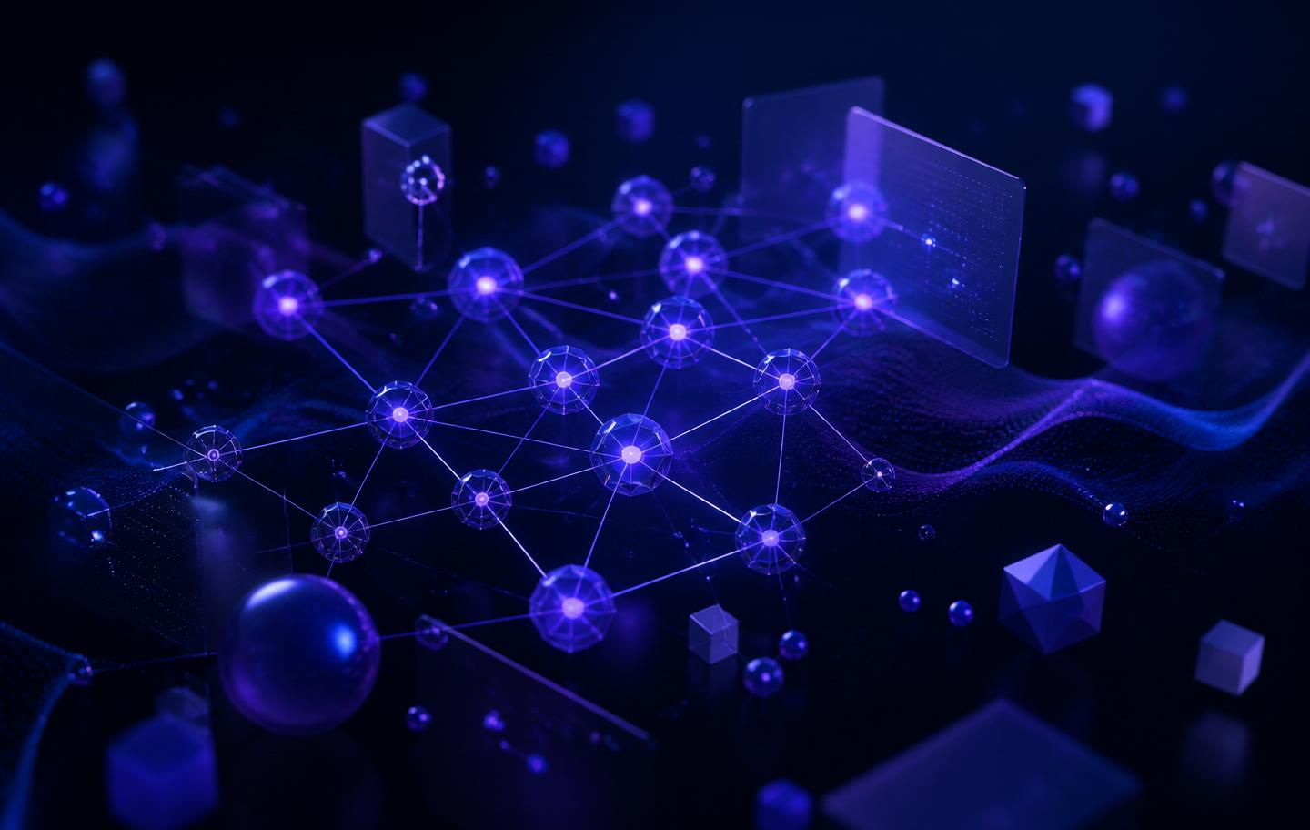 Visualização abstrata de rede tecnológica em tons de índigo